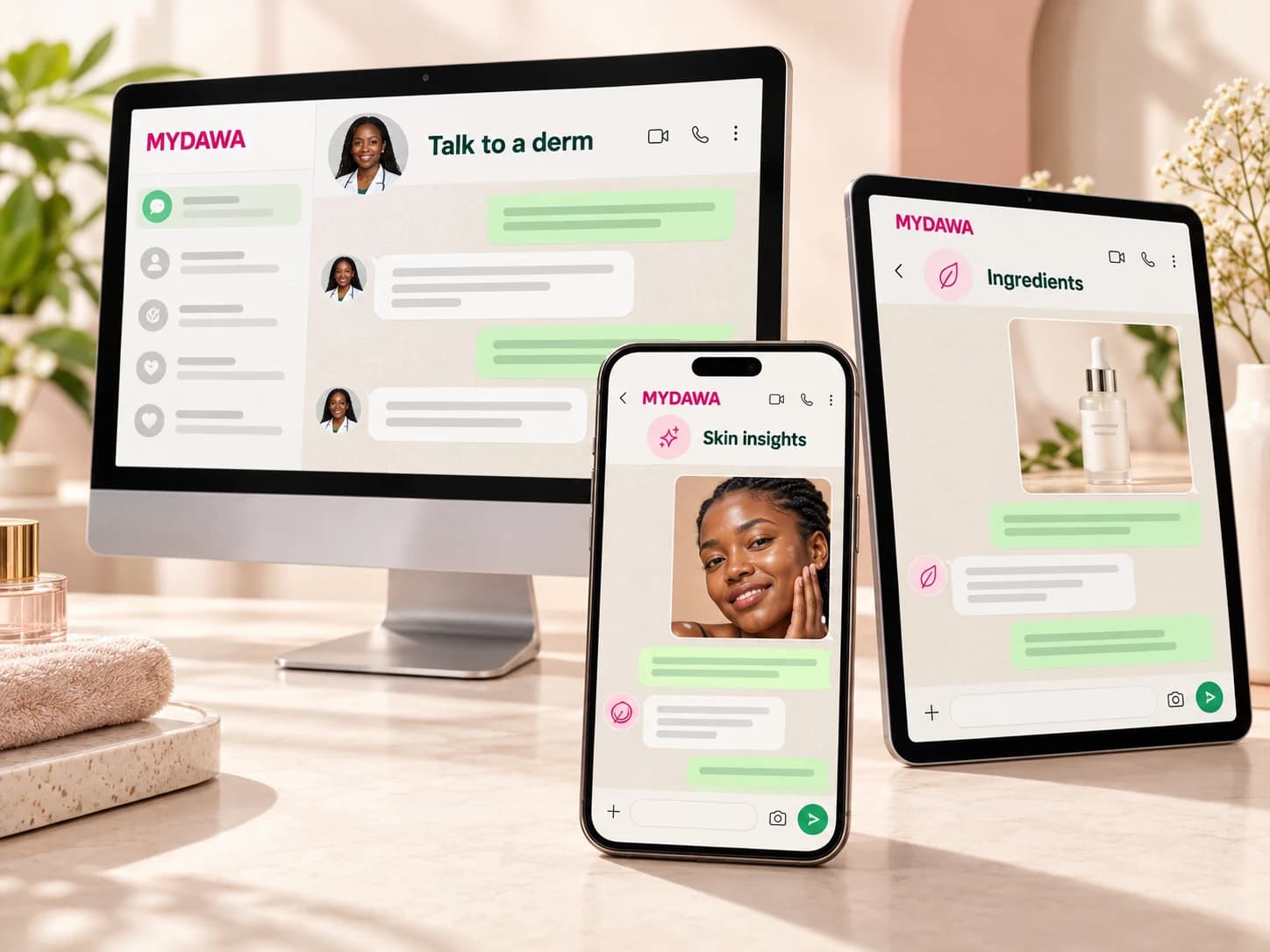 A phone, tablet and desktop showing MYDAWA skin photo, ingredient and dermatologist conversations